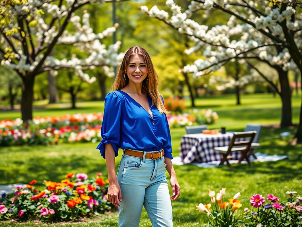 Een vrouw in een blauwe blouse poseert vrolijk in een bloeiende tuin met kleurrijke bloemen op de achtergrond.