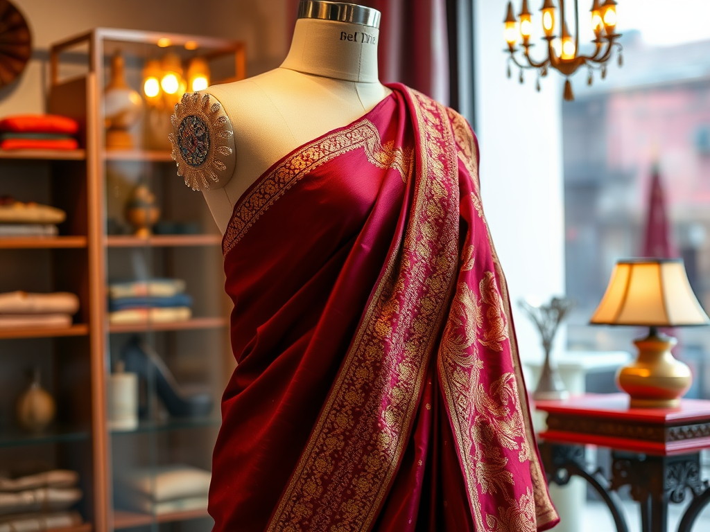 Een elegant, dieprood saree met gouden versieringen tentoongesteld op een model in een modewinkel.