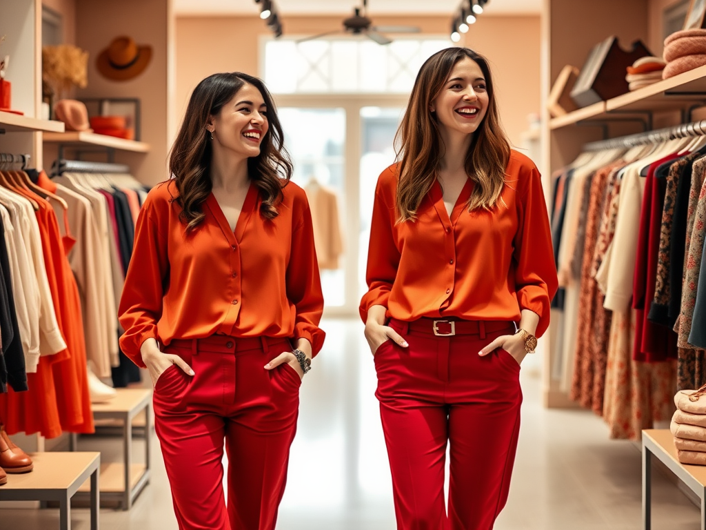 Twee vrouwen in felle oranje blouses en rode broeken lachen terwijl ze door een modewinkel lopen.