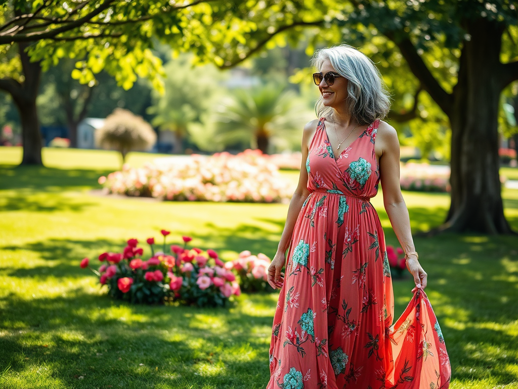 Een vrouw met grijs haar in een bloemenjurk wandelt door een bloeiende tuin met zonnige bomen.