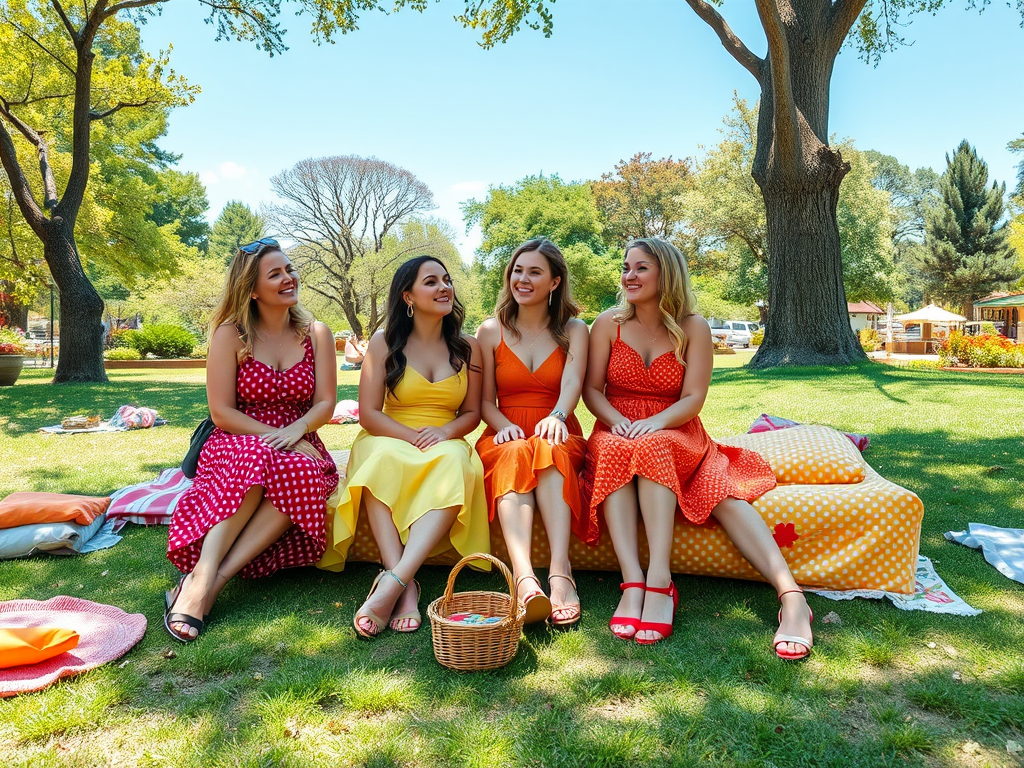 Vier vrouwen in kleurrijke outfits zitten vrolijk op een picknickdek in een zonnige, groene omgeving.