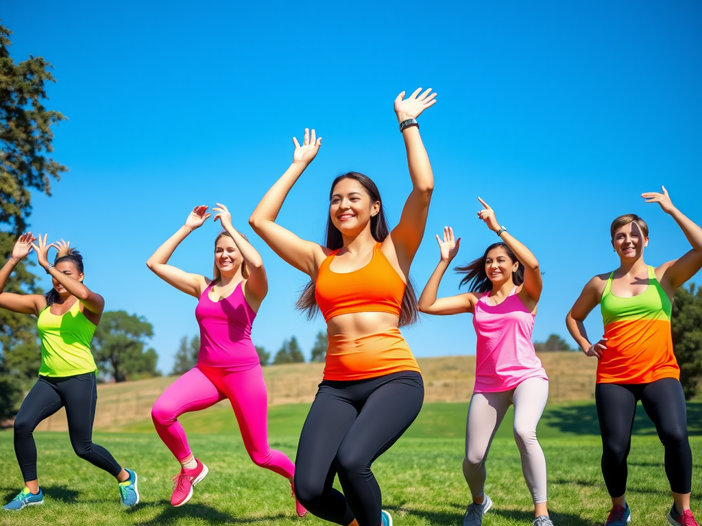 Zes vrouwen in sportoutfits dansen vrolijk in een groen veld onder een blauwe lucht.