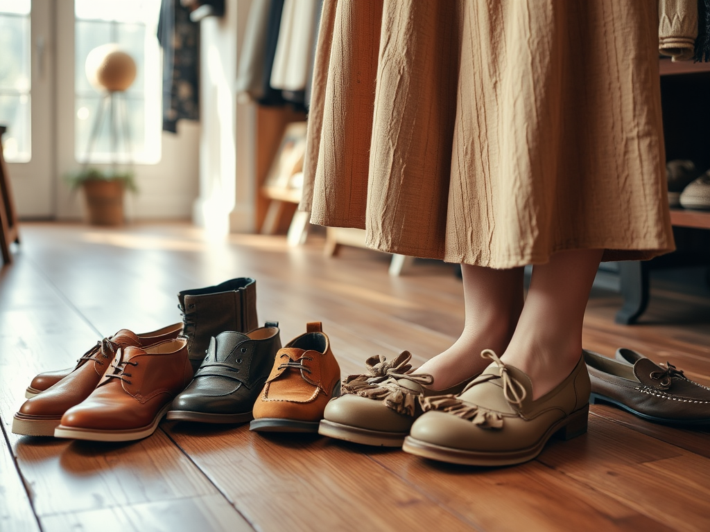 Een paar schoenen naast een persoon in een lange rok, met verschillende stijlen en kleuren op de vloer.