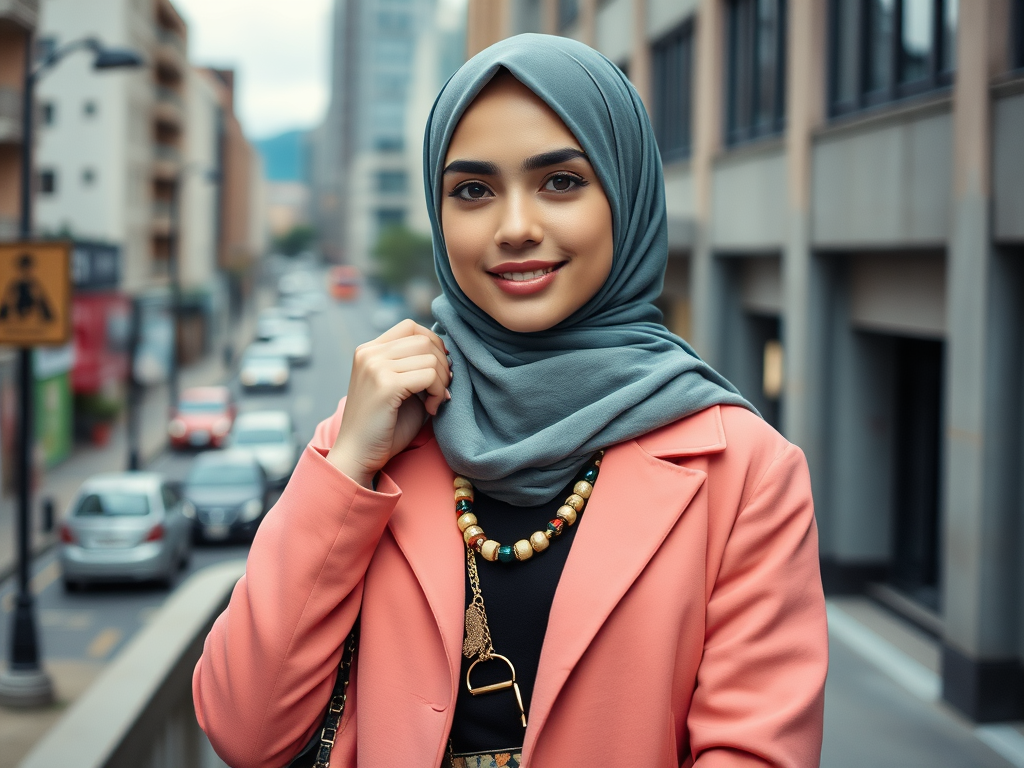 Een vrouw in een lichtroze blazer en een groene hijab staat glimlachend op straat tussen gebouwen.